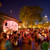 The Biergarten outside at night